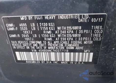 2017 Subaru Outback 2.5I Limited z USA, uszkodzony, nr VIN 4S4BSANC7H3377118